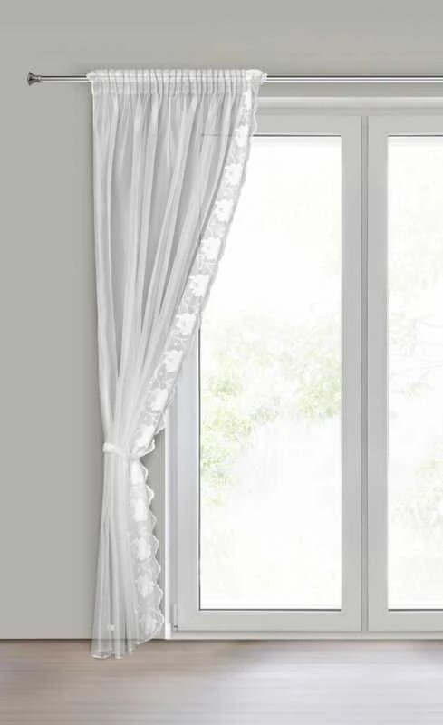 Eurofirany Baltos gėlėmis siuvinėtos poliesterio užuolaidos, 140x270 cm rinkinys su surišimu, paruoštos kabinti ant juostos, svetainės ir miegamojo langų dekoras, dieninės užuolaidos