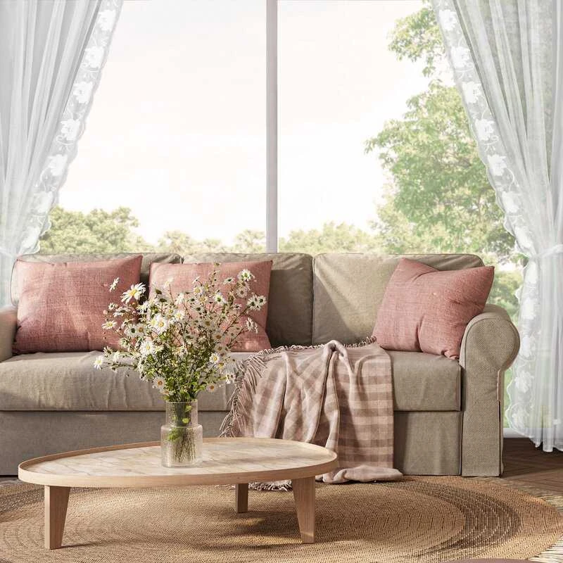 Eurofirany Baltos gėlėmis siuvinėtos poliesterio užuolaidos, 140x270 cm rinkinys su surišimu, paruoštos kabinti ant juostos, svetainės ir miegamojo langų dekoras, dieninės užuolaidos