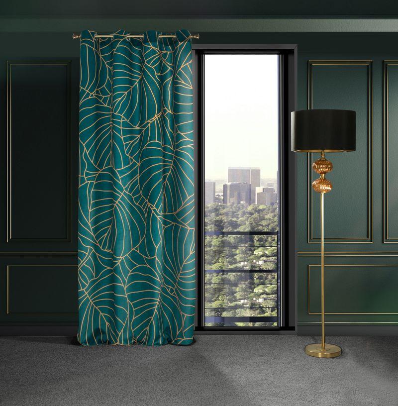 Eurofirany LIMITED COLLECTION LILI2 Minkšto aksomo naktinė užuolaida su didelių lapų motyvu, 140X250 cm, kilpos / žiedai, spalva: tamsi turkio,