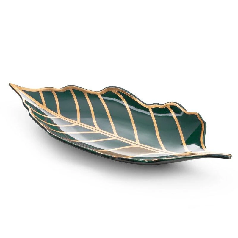 Eurofirany LIMITED COLLECTION LILI3 Dekoratyvinė lapo formos lėkštė, 41 X 19 X 5 cm, spalva: turkio, auksinė