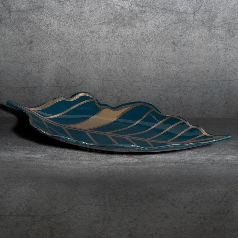 Eurofirany LIMITED COLLECTION LILI3 Dekoratyvinė lapo formos lėkštė, 41 X 19 X 5 cm, spalva: turkio, auksinė