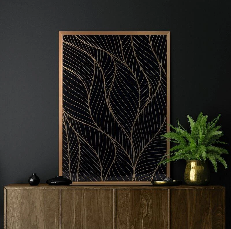 Eurofirany Juodas ir auksinis lapų sienų menas, 53x73 cm dekoratyvinis įrėmintas drobės paveikslas, elegantiškas gėlių sienų dekoras, modernus svetainės meno kūrinys