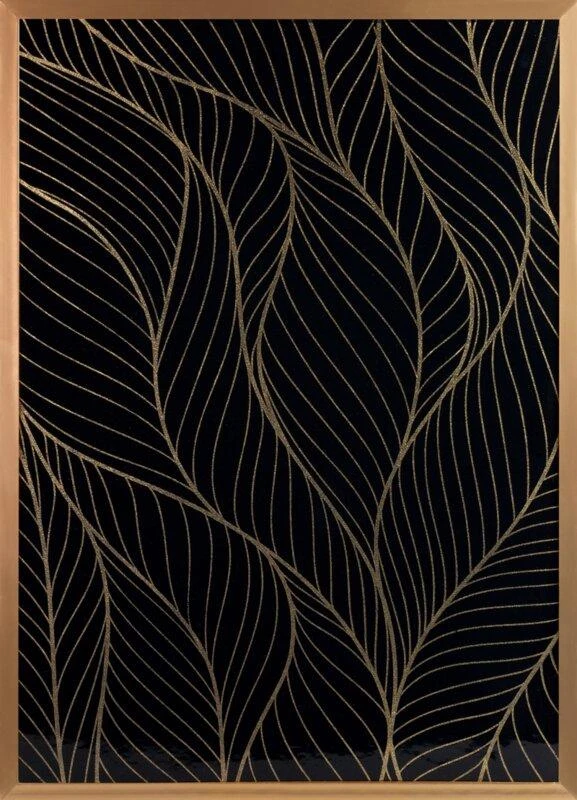 Eurofirany Juodas ir auksinis lapų sienų menas, 53x73 cm dekoratyvinis įrėmintas drobės paveikslas, elegantiškas gėlių sienų dekoras, modernus svetainės meno kūrinys