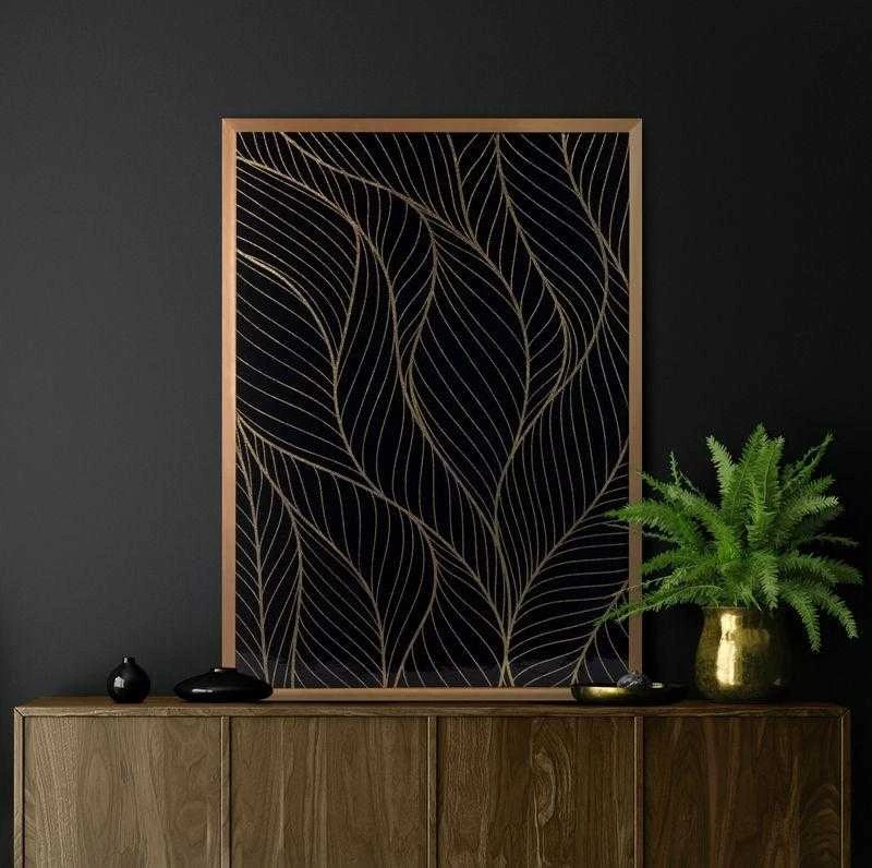 Eurofirany Juodas ir auksinis lapų sienų menas, 53x73 cm dekoratyvinis įrėmintas drobės paveikslas, elegantiškas gėlių sienų dekoras, modernus svetainės meno kūrinys