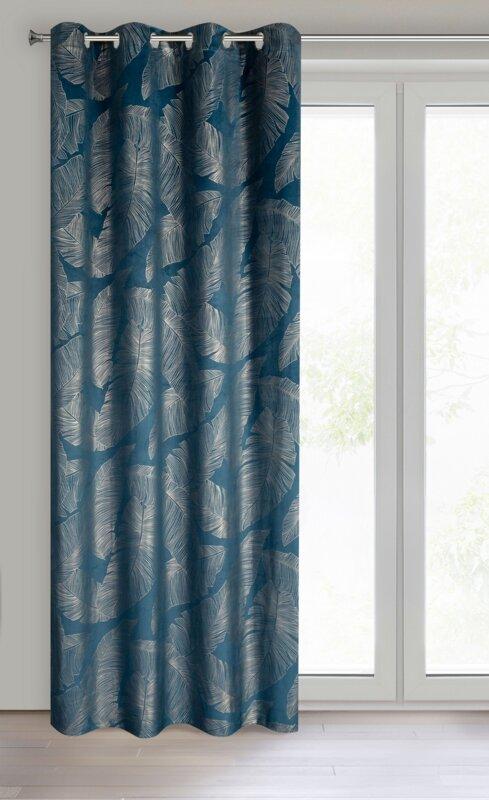 Eurofirany LIMITED COLLECTION MUSA2A Naktinė užuolaida iš minkšto aksomo su bananų lapų raštu, 140X250 cm, kilpos / žiedai, spalva: tamsiai mėlyna / šampano