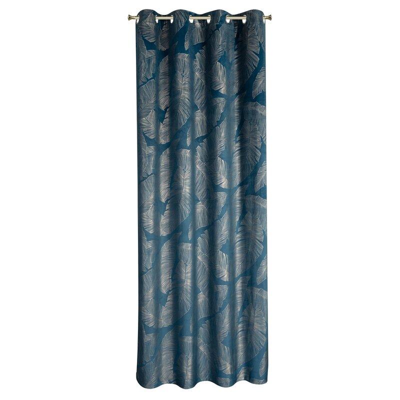 Eurofirany LIMITED COLLECTION MUSA2A Naktinė užuolaida iš minkšto aksomo su bananų lapų raštu, 140X250 cm, kilpos / žiedai, spalva: tamsiai mėlyna / šampano