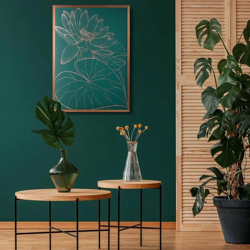 Eurofirany Gėlių sienų menas, žalias ir vario gėlių paveikslas, dekoratyvinis įrėmintas drobės atspaudas, 53x73 cm sienų dekoras, botaninis sienos pakabinimas