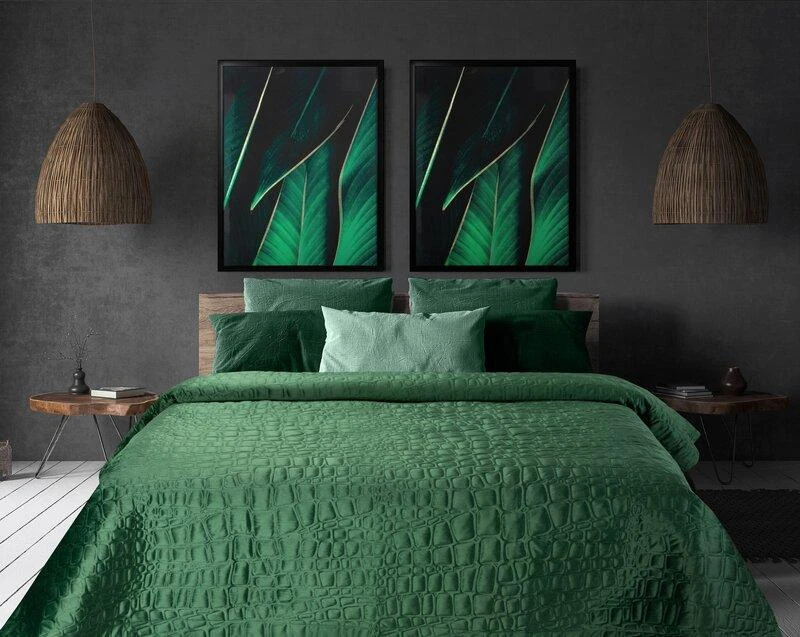 Eurofirany Tamsiai žalia krokodilo odos rašto dekoratyvinė lovatiesė, 280x260 cm, aksominė tekstūra, minkštas užpildas, miegamojo dekoras, prabangi lovos užtiesalė Lovatiesė
