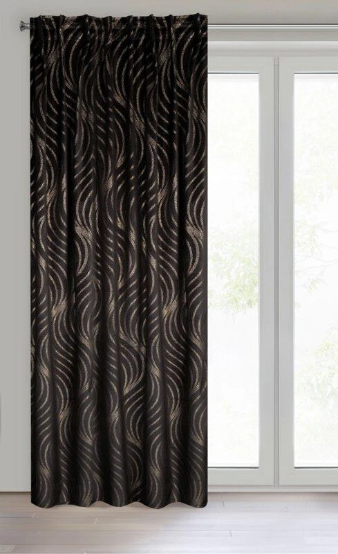 Eurofirany LIMITED COLLECTION VICTORIA3A Minkšto aksomo naktinė užuolaida su geometriniu raštu, 140X270 cm, juosta / tunelis / kabliukai, spalva: juoda, šampano