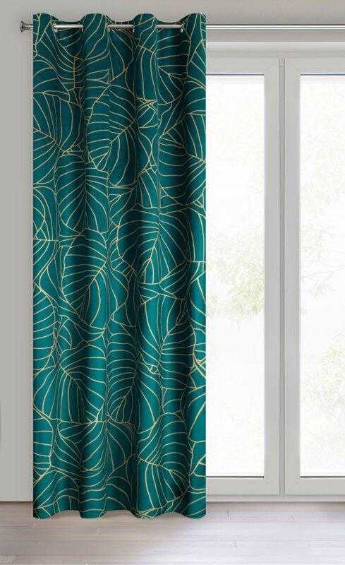 Eurofirany LIMITED COLLECTION LILI2 Minkšto aksomo naktinė užuolaida su didelių lapų motyvu, 140X250 cm, kilpos / žiedai, spalva: tamsi turkio,