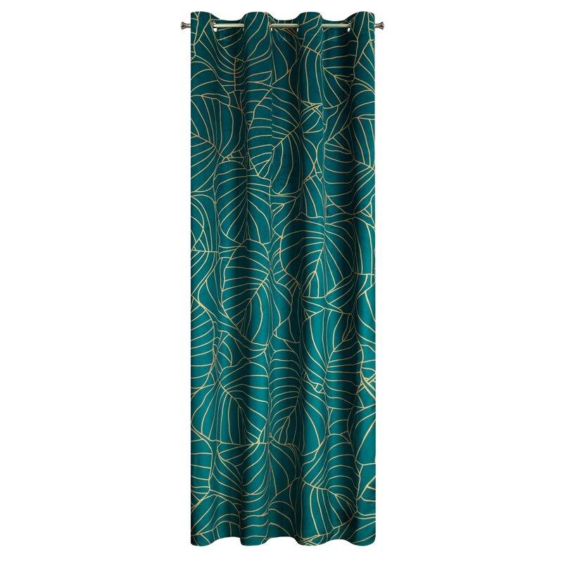 Eurofirany LIMITED COLLECTION LILI2 Minkšto aksomo naktinė užuolaida su didelių lapų motyvu, 140X250 cm, kilpos / žiedai, spalva: tamsi turkio,