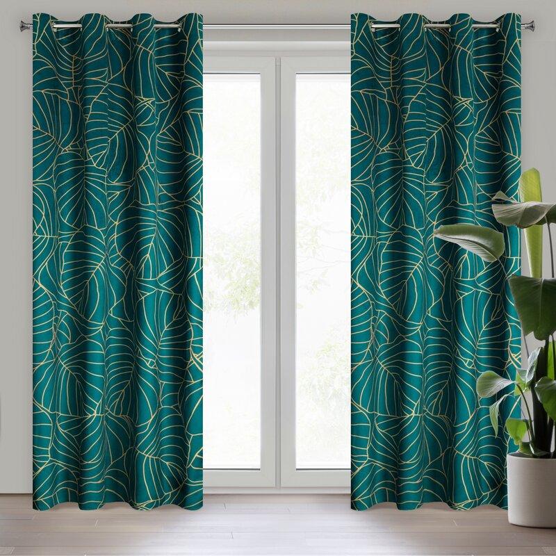 Eurofirany LIMITED COLLECTION LILI2 Minkšto aksomo naktinė užuolaida su didelių lapų motyvu, 140X250 cm, kilpos / žiedai, spalva: tamsi turkio,