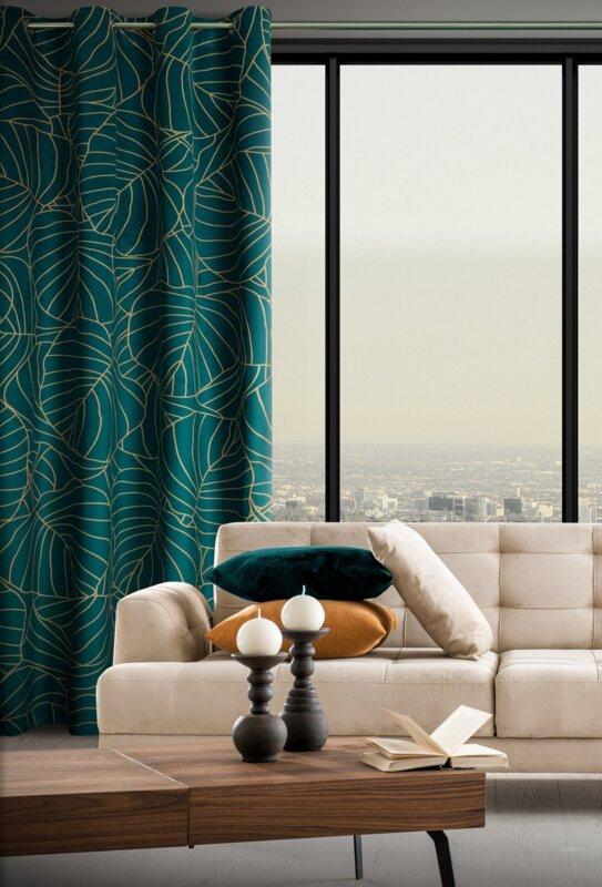 Eurofirany LIMITED COLLECTION LILI2 Minkšto aksomo naktinė užuolaida su didelių lapų motyvu, 140X250 cm, kilpos / žiedai, spalva: tamsi turkio,