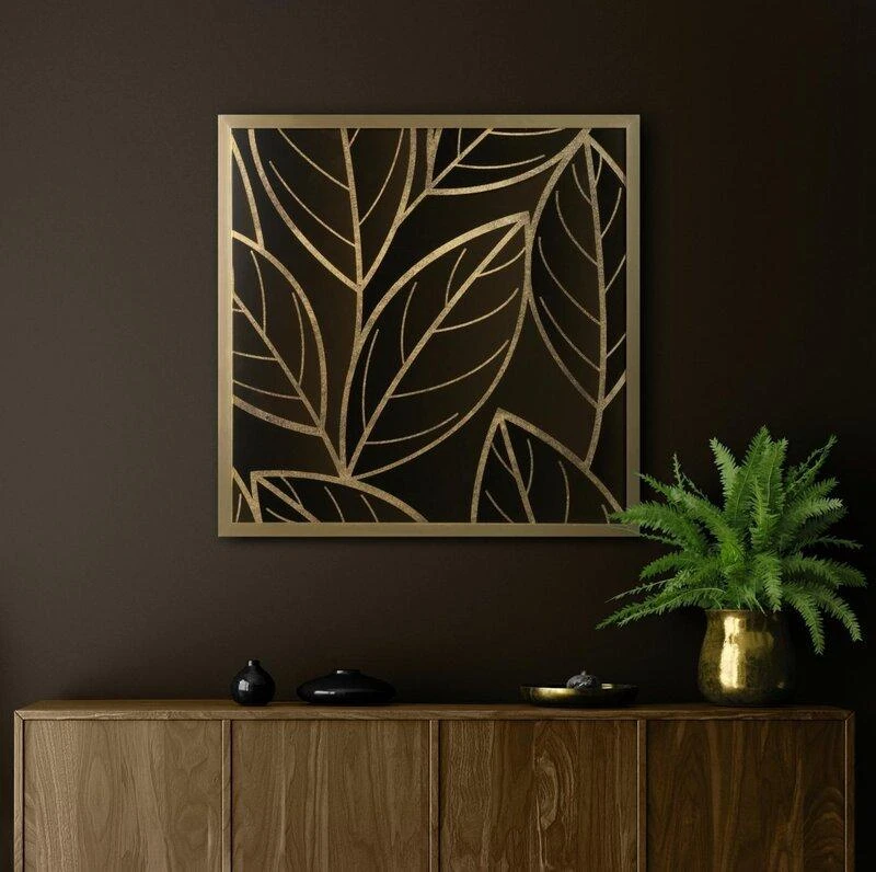 Eurofirany LIMITED COLLECTION Paveikslas ALISMA2 su auksinių lapų spauda auksiniame rėmelyje, 53X53 cm