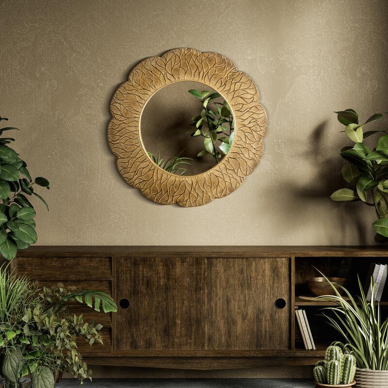 Eurofirany Apvalus dekoratyvinis veidrodis, auksinis rėmas, 70 cm skersmuo, poliesterio derva ir stiklas, prabangi sienų dekoracija, elegantiškas interjero aksesuaras, stilingas namų dekoras