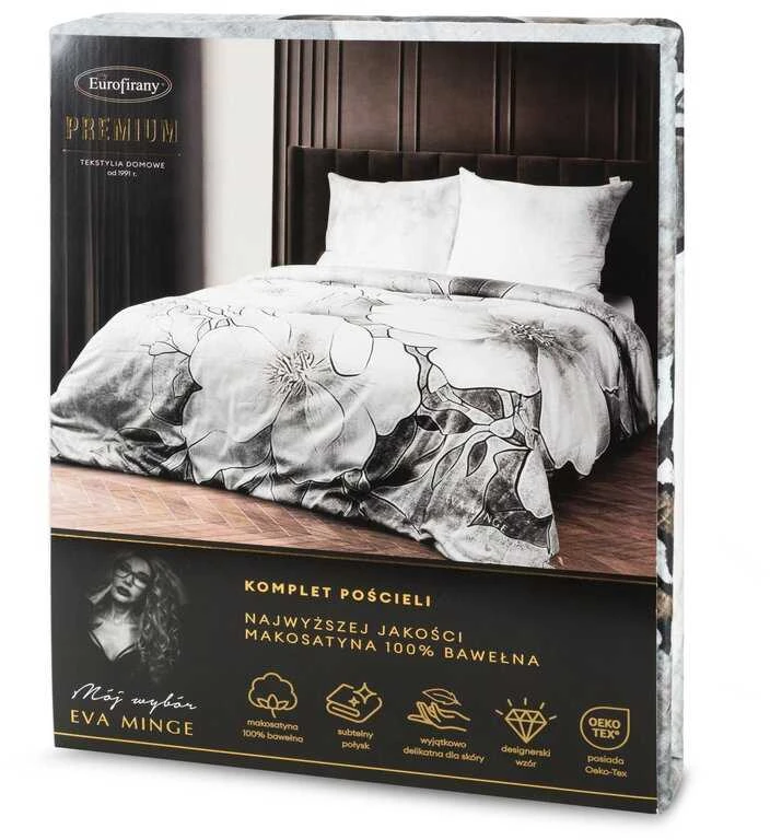 Eurofirany Medvilninio satino patalynės komplektas, 160x200 cm, plieno pilka spalva su baltais gėlių raštais, komplekte 2 pagalvių užvalkalai, miegamojo tekstilė