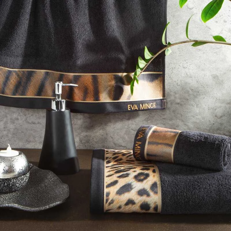 Rankšluostis Eurofirany Rankšluosčių rinkinys dėžutėje 3 dalių, 500g/m² medvilnė, juodas leopardo raštas, vonios rankšluosčiai, namų vonios kambario rinkinys, minkšta medvilnė