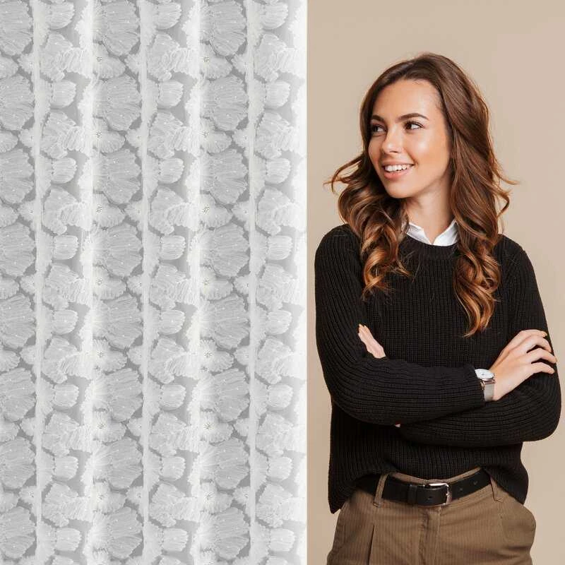 Eurofirany Balta gėlių rašto paruošta užuolaida su žiedais, 140x250 cm, poliesterio langų uždangalas, šviesą filtruojantis namų dekoras, dieninė užuolaida
