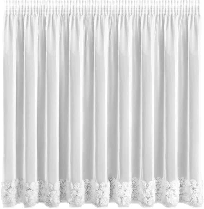 Eurofirany Balta tinklinė užuolaida su rožių rašto juostomis, 350x160 cm, paruošta kabinti, poliesterio langų danga, dekoratyvinė dieninė užuolaida, namų tekstilė