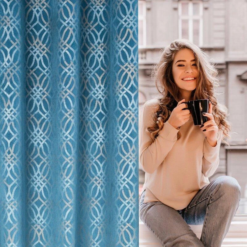 Eurofirany minkšto aksomo užuolaida ARETA su boho stiliaus raštu / 200 g/m2 / 140x250 / mėlynos spalvos