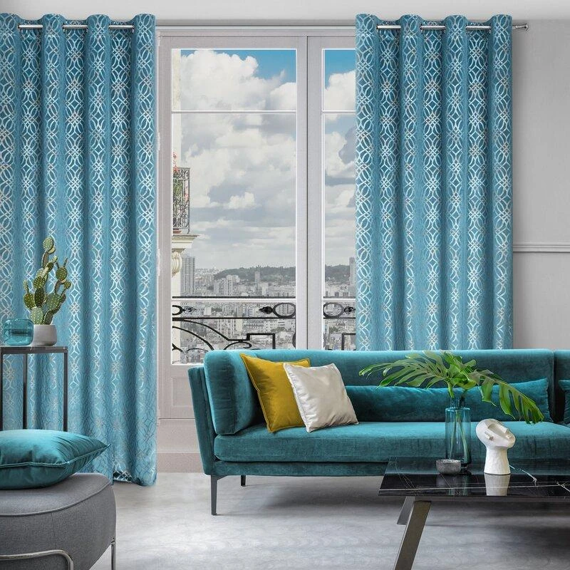 Eurofirany minkšto aksomo užuolaida ARETA su boho stiliaus raštu / 200 g/m2 / 140x250 / mėlynos spalvos