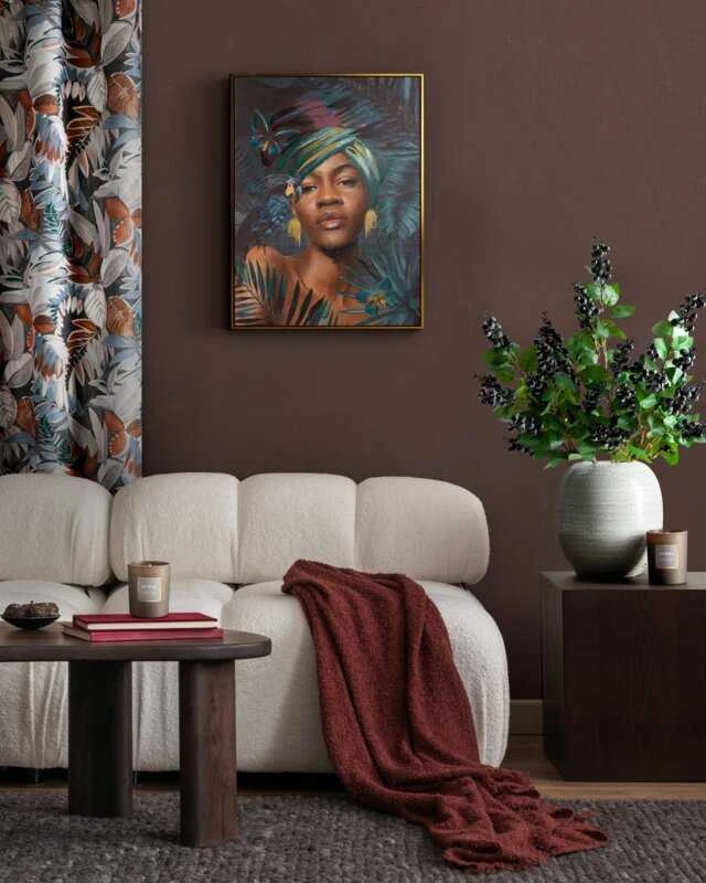 Eurofirany Tamsiai turkio spalvos rankomis tapytas Afrikos moters portretas ant drobės, 60x80 cm, įrėmintas sienos menas, egzotiškas dekoras, interjero paveikslas