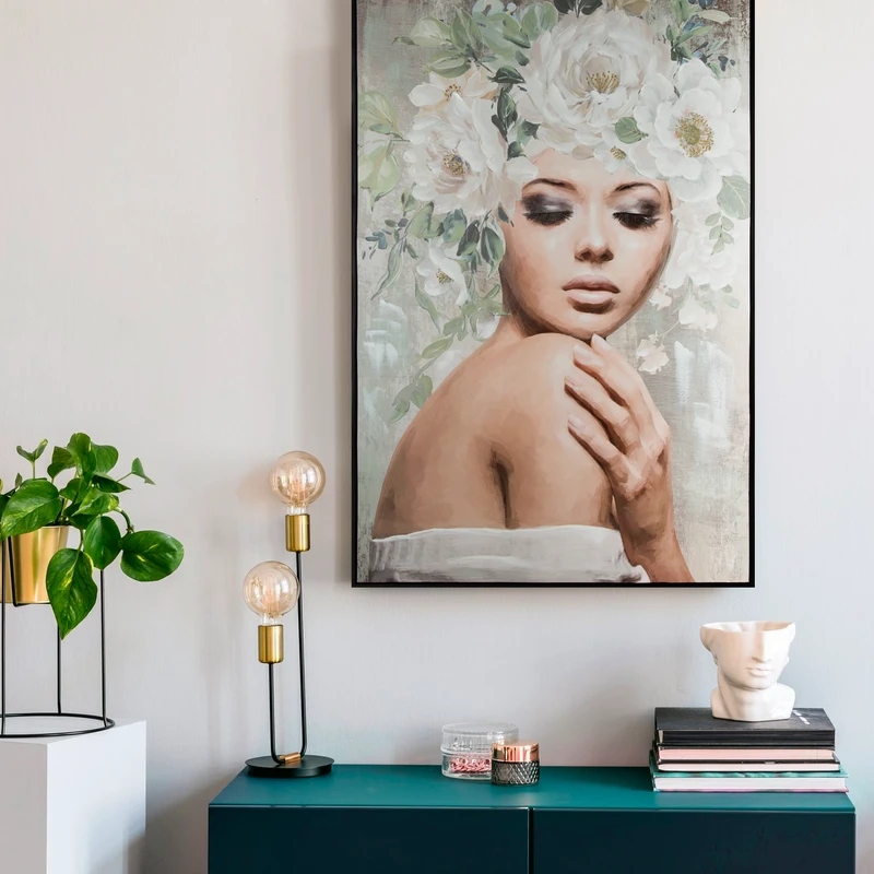 Eurofirany Rankomis tapytas pilkas paveikslas ant drobės Moteris su gėlėmis, 80x120 cm, modernus elegantiškas dekoras, gėlių tapyba, šiuolaikinė sienų dekoracija, interjero detalė