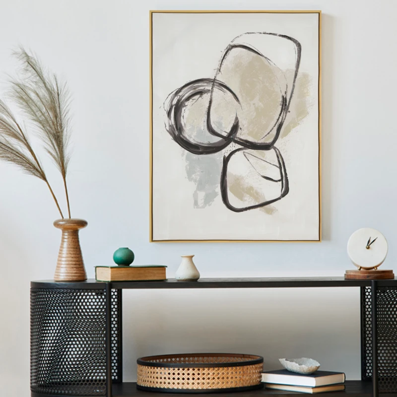 Eurofirany Smėlio spalvos abstraktus rankomis tapytas paveikslas ant drobės, 60x80 cm, modernus įrėmintas meno kūrinys, minimalistinis dekoras, unikali sienų puošmena