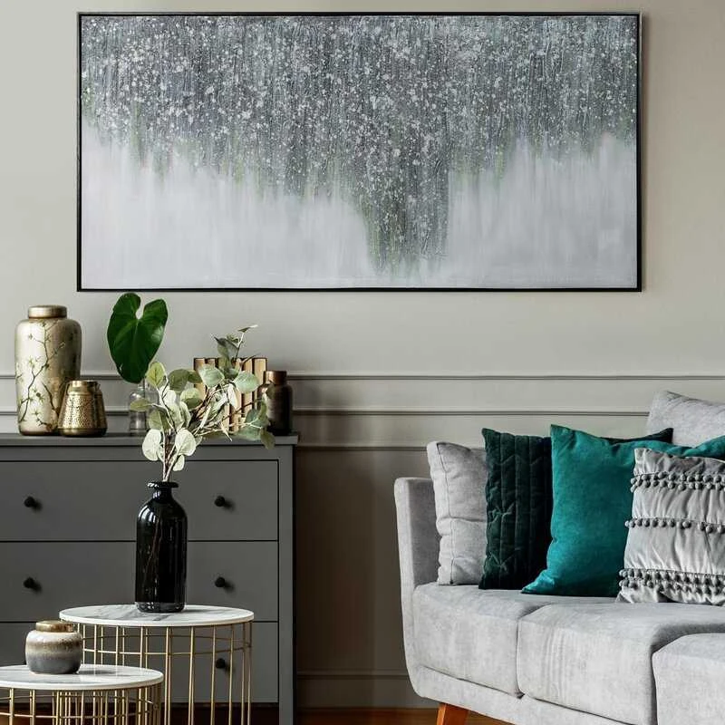 Eurofirany Rankomis tapytas abstraktus paveikslas ant drobės, pilkos ir baltos spalvų gama, didelis 140x70 cm įrėmintas paveikslas, modernus namų dekoras svetainei ar biurui, sienų dekoracija