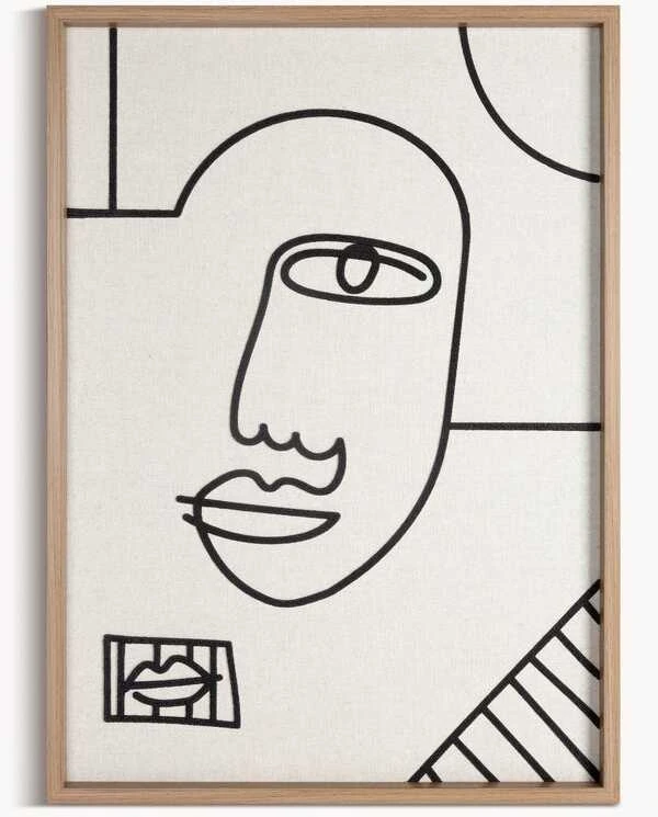 Eurofirany Linijinis veido portretas, smėlio ir juodos spalvos linijinis menas, minimalistinis dekoras, 50x70 cm drobė, moderni namų dekoracija, sienų papuošimas