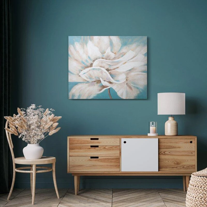 Eurofirany Rankomis tapytas gėlių paveikslas ant drobės, kreminės ir mėlynos spalvos gėlių tapyba, 100x80 cm, be rėmo, dekoratyvinis paveikslas svetainei, sienų dekoras
