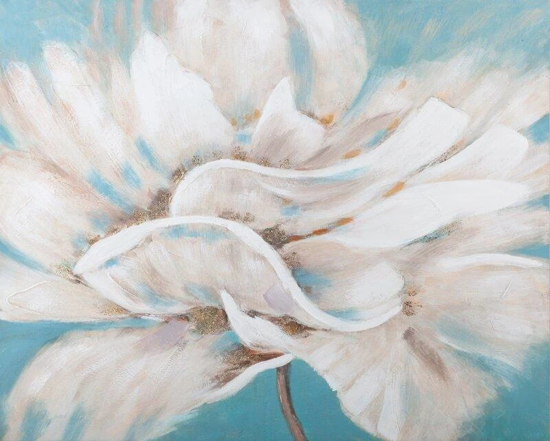 Eurofirany Rankomis tapytas gėlių paveikslas ant drobės, kreminės ir mėlynos spalvos gėlių tapyba, 100x80 cm, be rėmo, dekoratyvinis paveikslas svetainei, sienų dekoras