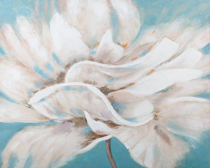 Eurofirany Rankomis tapytas gėlių paveikslas ant drobės, kreminės ir mėlynos spalvos gėlių tapyba, 100x80 cm, be rėmo, dekoratyvinis paveikslas svetainei, sienų dekoras