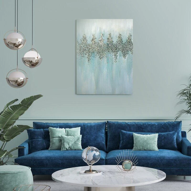 Eurofirany Šviesiai mėlynas rankomis tapytas paveikslas ant drobės su blizgučiais ir akmenėliais, 60x80 cm, modernus namų dekoras, elegantiška sienų dekoracija svetainei