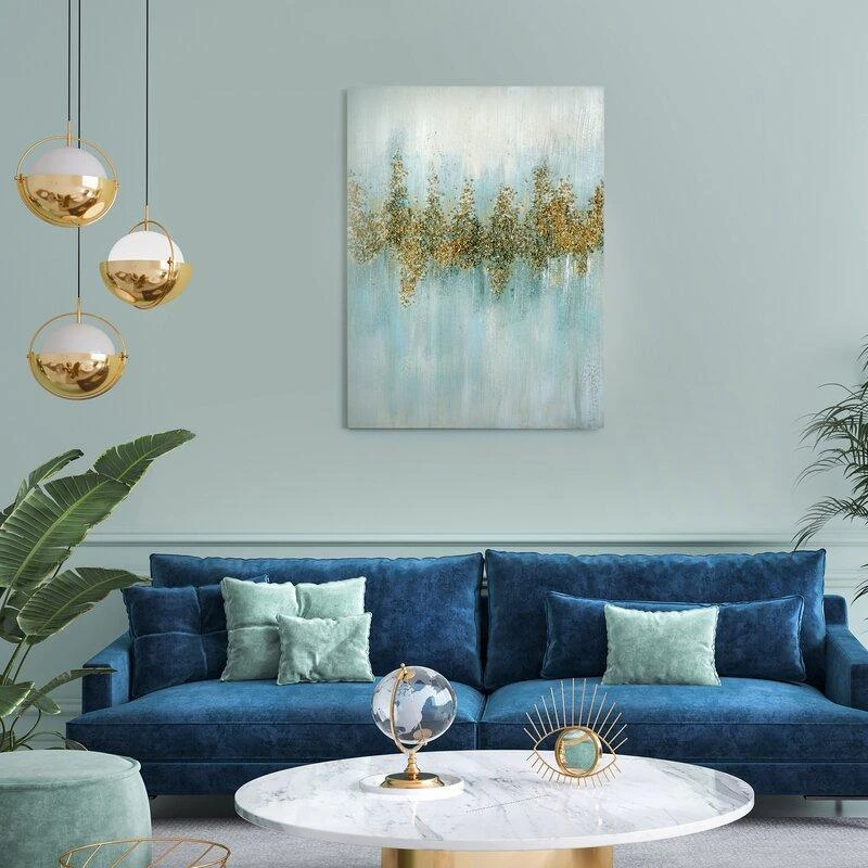 Eurofirany Šviesiai mėlynas abstraktus paveikslas su dekoratyviniais akmenukais, rankomis tapytas ant drobės, modernus sienų menas svetainei ar biurui, 60x80 cm, namų dekoras