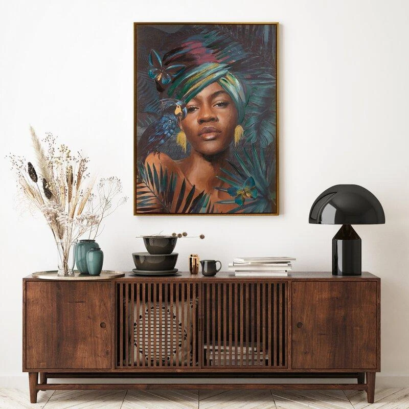 Eurofirany Tamsiai turkio spalvos rankomis tapytas Afrikos moters portretas ant drobės, 60x80 cm, įrėmintas sienos menas, egzotiškas dekoras, interjero paveikslas
