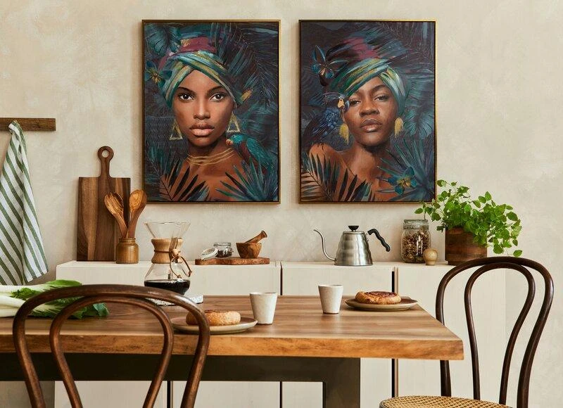 Eurofirany Tamsiai turkio spalvos rankomis tapytas Afrikos moters portretas ant drobės, 60x80 cm, įrėmintas sienos menas, egzotiškas dekoras, interjero paveikslas