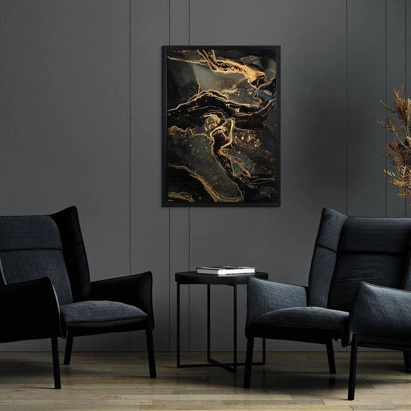 Eurofirany Juodos ir auksinės spalvos spausdinta drobė su aukso elementais, įrėmintas dekoratyvinis paveikslas, elegantiškas sienos menas svetainei ar biurui, 53x73 cm, namų dekoras
