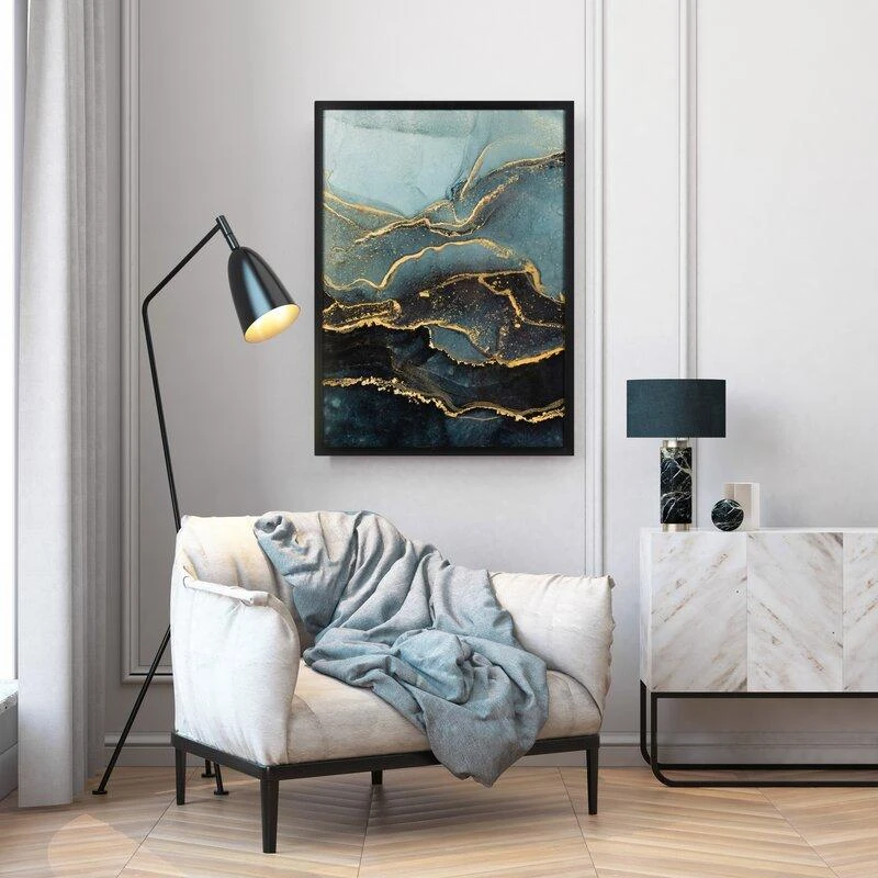 Eurofirany Plieno mėlynos ir mėlynos spalvos sienos menas, spausdinta drobė su aukso papuošimais, modernus namų dekoras, 53x73 cm rėmintas paveikslas, interjero detalė