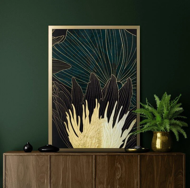 Eurofirany Gėlių sienos meno kūrinys, žalias ir kreminis gėlių motyvas su aukso dekoracija, 53x73 cm įrėminta drobė, dekoratyvinis paveikslas svetainei ar miegamajam, namų interjero detalė
