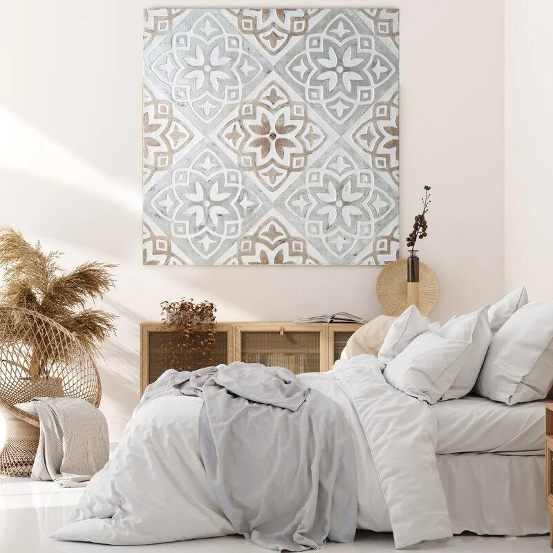 Eurofirany Mėlynas ornamentinis rankomis tapytas paveikslas ant drobės, 80x80 cm kvadratinis dekoratyvinis kūrinys, unikali meninė sienų dekoracija svetainei ar miegamajam, interjero detalė