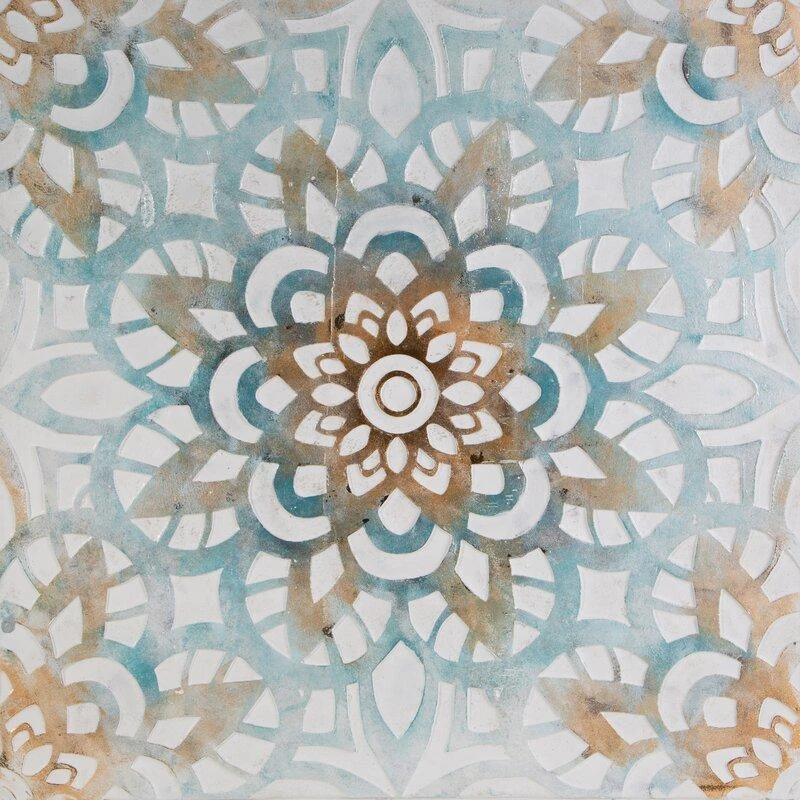 Eurofirany Mėlynas ornamentinis rankomis tapytas paveikslas ant drobės, 80x80 cm kvadratinis dekoratyvinis kūrinys, unikali meninė sienų dekoracija svetainei ar miegamajam, interjero detalė