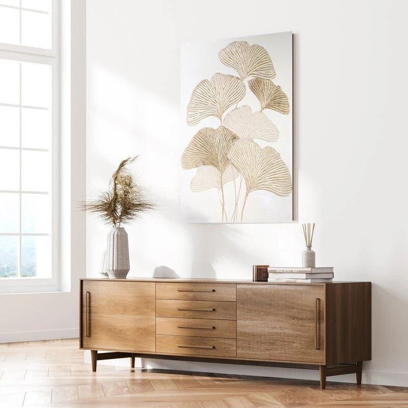 Eurofirany Auksinių lapų sienos menas, rankomis tapytas ant drobės, 80x100 cm, prabangus glamour dekoras, stilizuotas botaninis paveikslas, interjero detalė