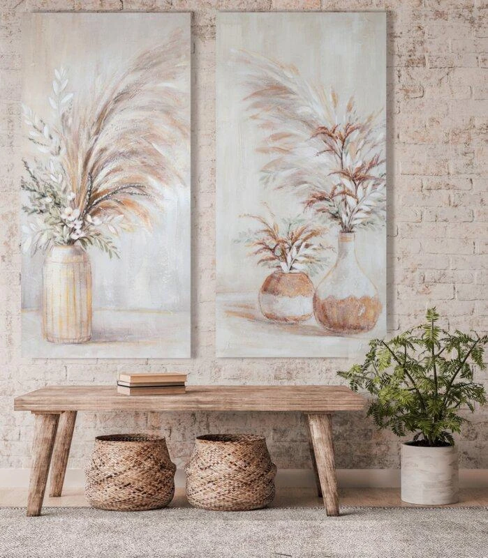 Eurofirany Rankomis tapytas paveikslas ant drobės, augalai vazose, smėlio spalvos tonai, 60x120 cm, boho ir skandinaviškas stilius, pailgas formatas svetainei ar miegamajam, sienų dekoras