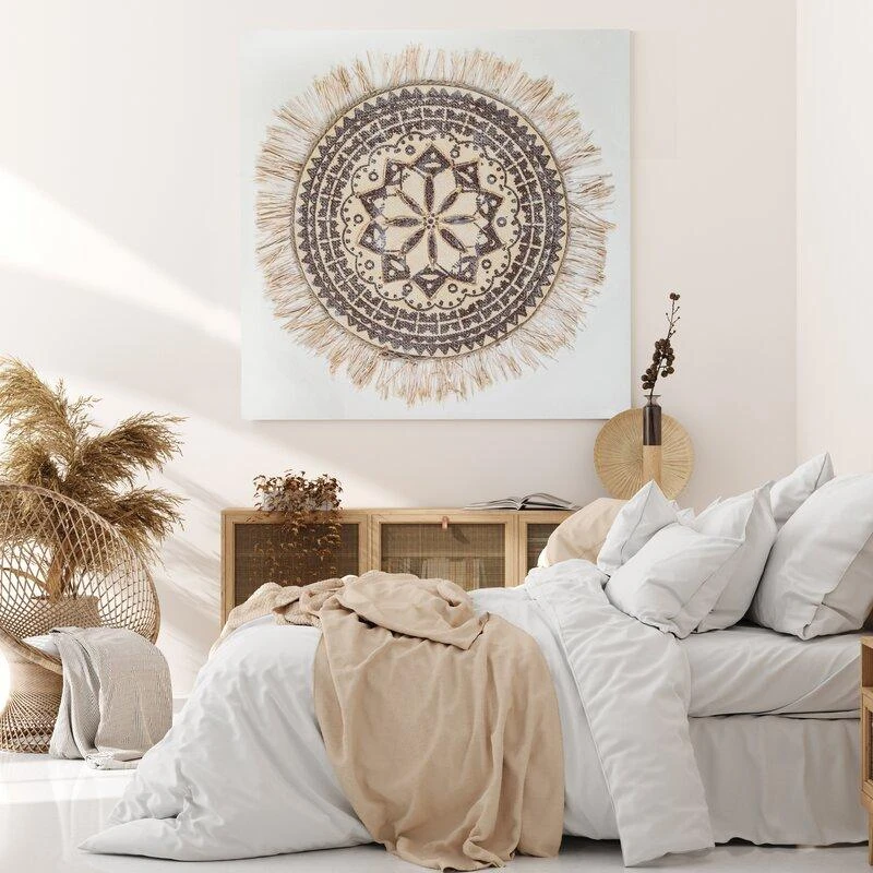 Eurofirany Rankomis tapytas smėlio spalvos ornamentų paveikslas ant drobės, 60x60 cm kvadratinis paveikslas, unikalus dekoratyvinis meno kūrinys svetainei ar miegamajam, sienų dekoracija