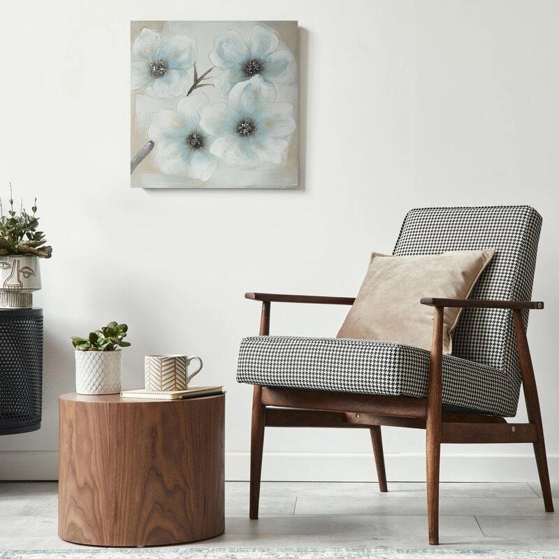 Eurofirany Rankomis tapytas gėlių paveikslas ant drobės, smėlio ir mėlynos spalvos gėlės, 60x60 cm kvadratinis paveikslas, klasikinis elegantiškas dekoras, unikali tekstūrinė sienų dekoracija