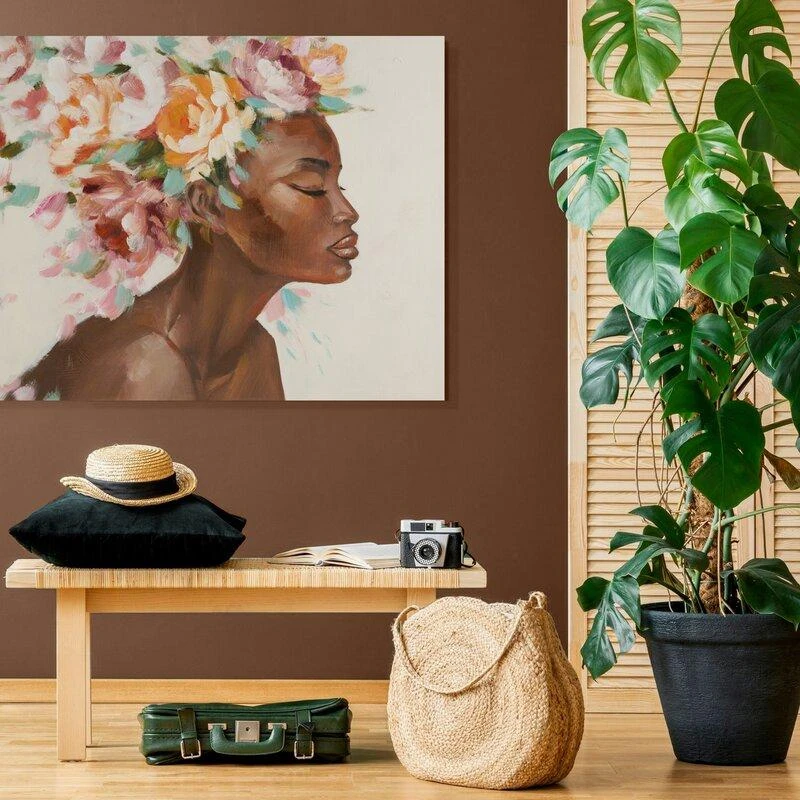 Eurofirany Bėžinės spalvos rankomis tapytas paveikslas ant drobės, moteris su gėlėmis, elegantiškas romantiškas stilius, 60x90 cm, dekoratyvinė sienų puošmena svetainei ar miegamajam, meno kūrinys interjerui