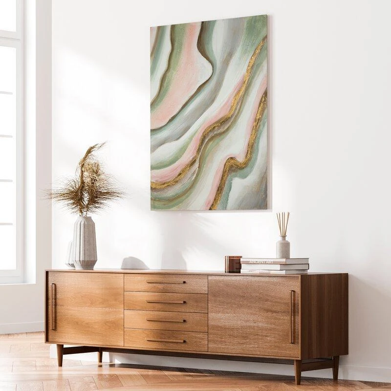 Eurofirany Rankomis tapytas abstraktus paveikslas ant drobės, žalias daugiaspalvis modernus sienų dekoras, 60x90 cm, unikali tekstūrinė tapyba, meno kūrinys namams