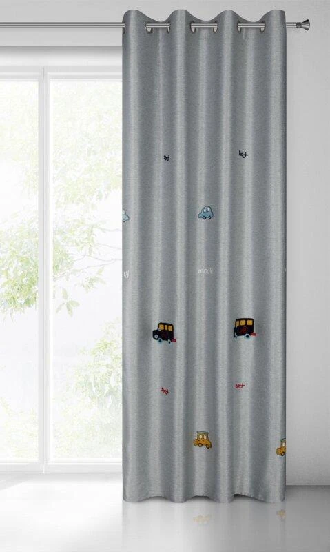 Eurofirany Vaikiška užuolaida su automobiliais, 140x250 cm, sidabrinė su spalvinga aplikacija, paruošta kabinimui su metaliniais žiedais, vaiko kambario dekoras, dieninė užuolaida