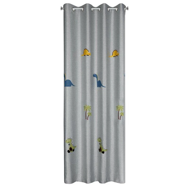 Eurofirany Vaikų kambario užuolaida su dinozaurais, sidabrinė su žalia aplikacija, 140x250 cm, paruošta užuolaida su žiedais, saulę blokuojantis poliesterio audinys, naktinė užuolaida vaikams